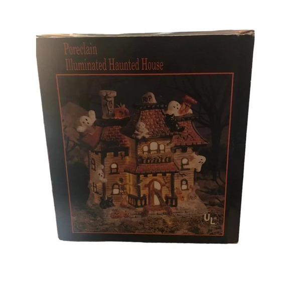 HAUNTED HOUSE Porcelain Illuminated Halloween Spooky Ghosts Pumpkins Black Cats - Picture 7 of 7